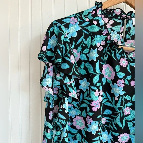 Emily Wonder Floral Ruffle Sleeve Women’s Teal Top Size 3X - Picture 3 of 5
